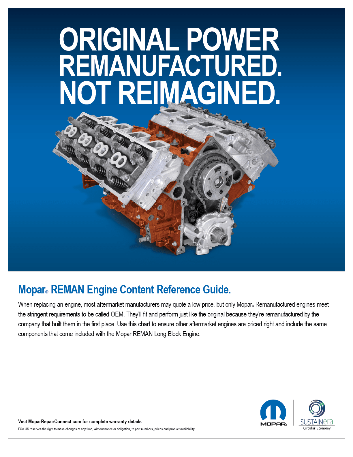 Chart details which components are included with Mopar SUSTAINera remanufactured engines