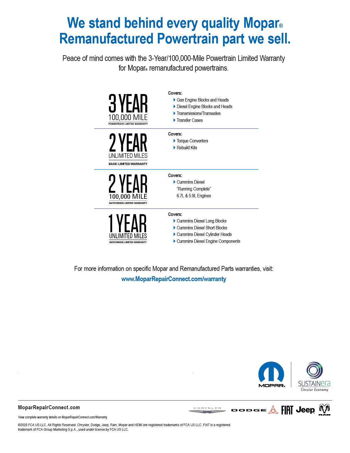 Chart details which components are included with Mopar SUSTAINera remanufactured engines