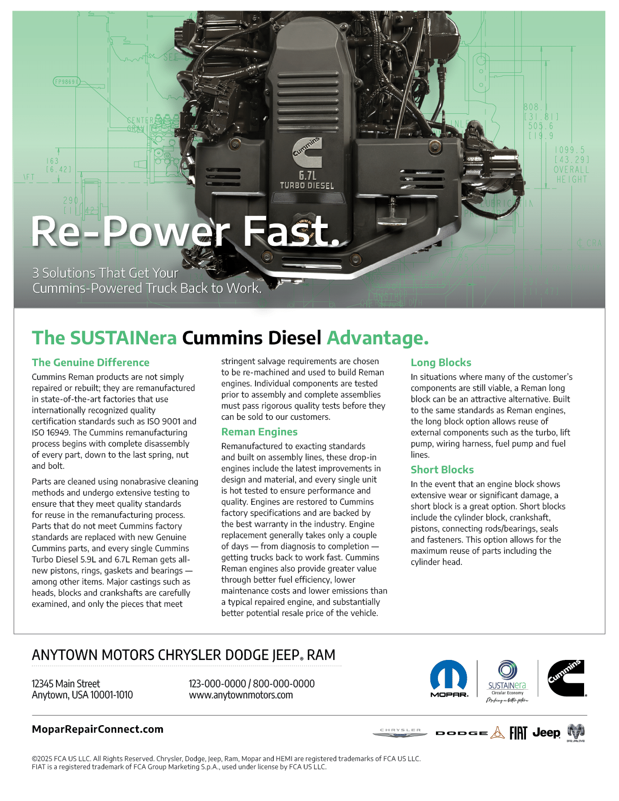 Chart details which components are included with Cummins SUSTAINera remanufactured engines
