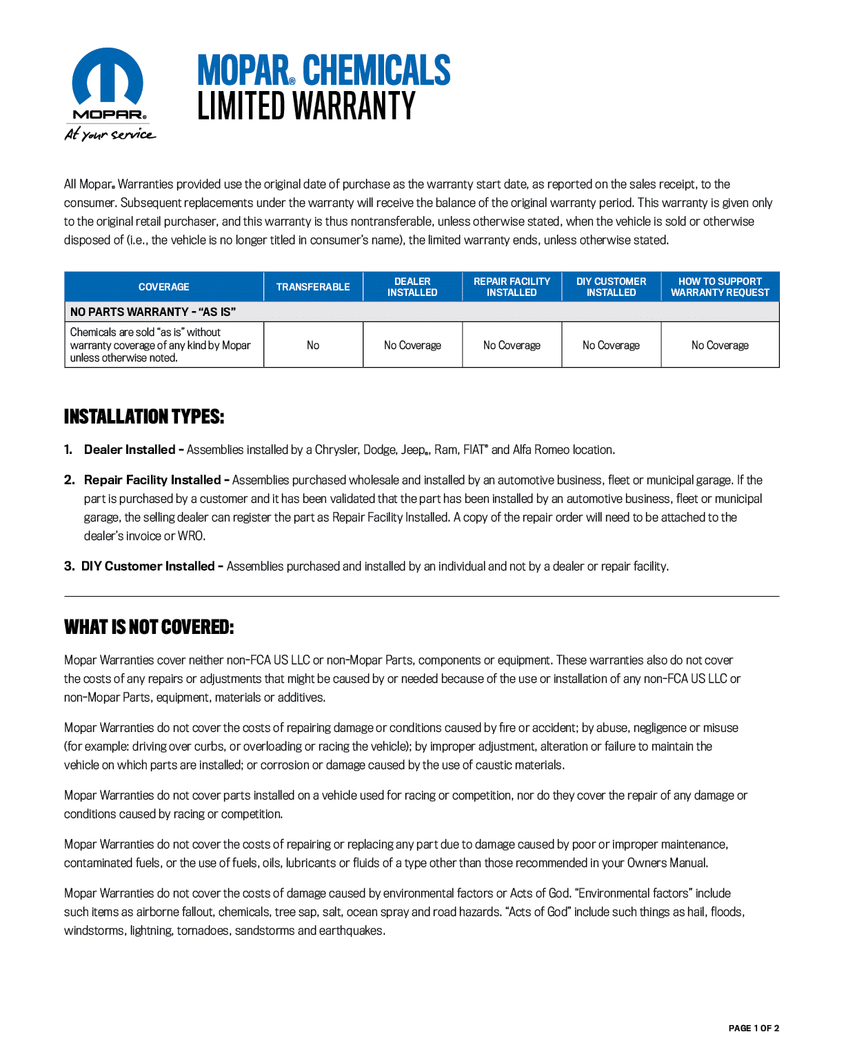 Warranty coverage for Mopar chemicals