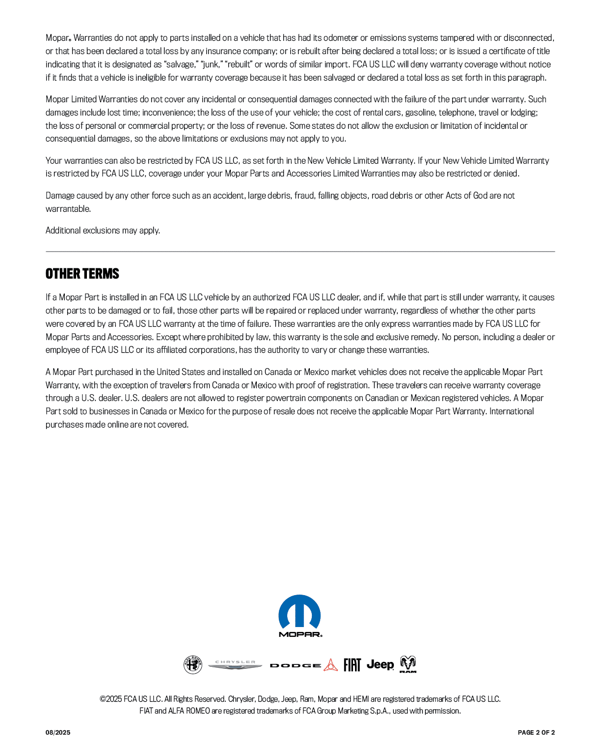 Warranty coverage for Mopar chemicals