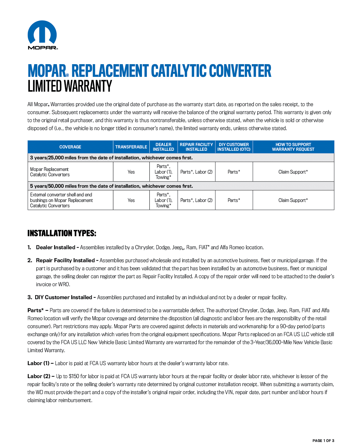 Warranty coverage for Mopar and Magneti Marelli catalytic converters