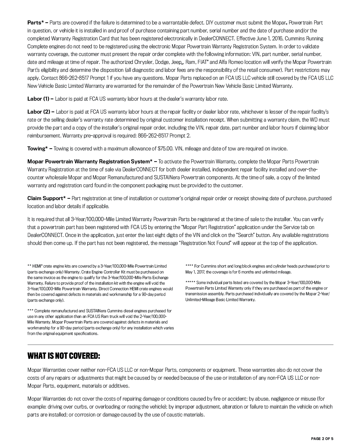 Warranty coverage for Mopar powertrain products, including new and remanufactured engines, Cummins engines, and SUSTAINera circular economy powertrain products