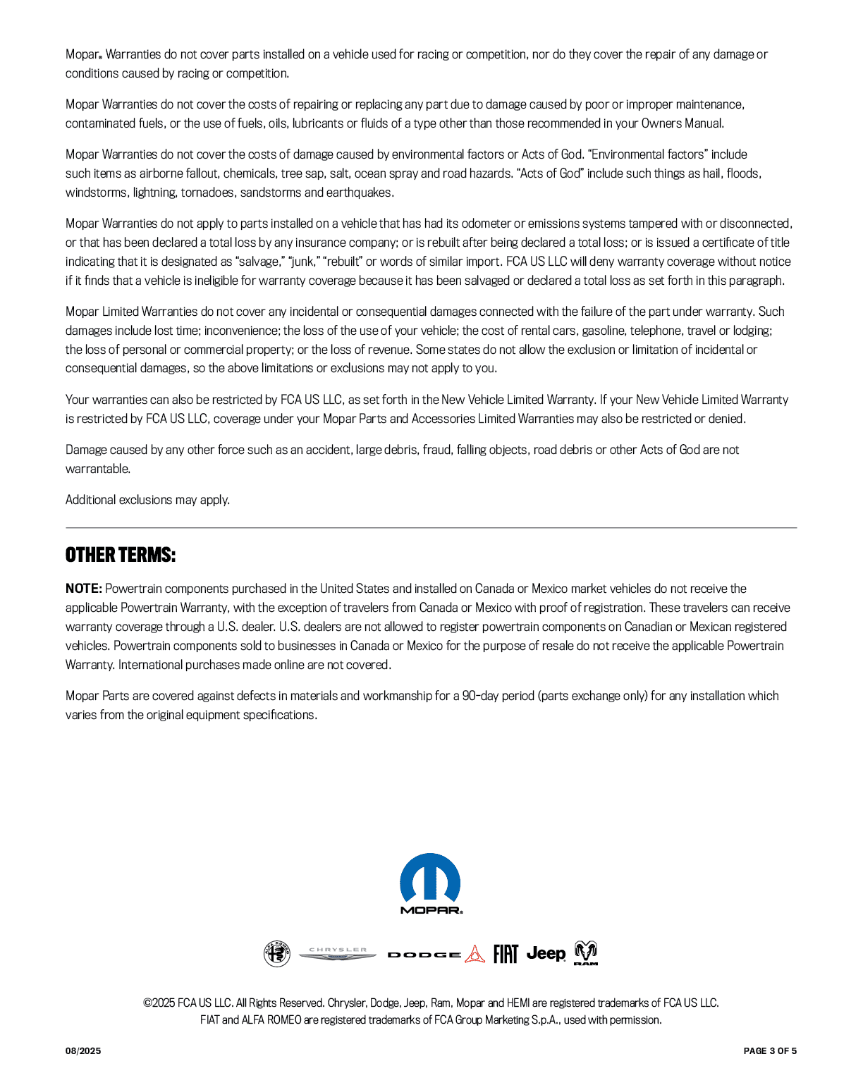 Warranty coverage for Mopar powertrain products, including new and remanufactured engines, Cummins engines, and SUSTAINera circular economy powertrain products